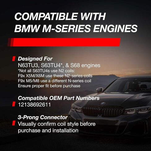 ملف إشعال دينان D650-0011 (أحمر) لموديلات سلسلة BMW N2 مختارة - N63TU3، S63TU4، وS68 - بديل لرقم جزء مخزون OEM 12138692611-1 حزمة in Kuwait