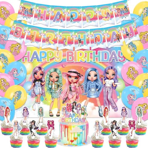 42pcs Rainbow High Dolls Birthday Party Supplies Pack Includes，Banner，Cake Topper，Blackdrop,Balloons for Rainbow High Dolls party supplies (234) in Saudi Arabia