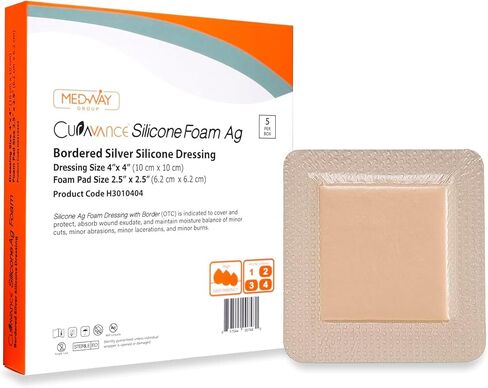 Bordered Silver Silicone Ag Sterile Highly Absorbent Antibacterial Dressing, 4"x 4" (2.5"x 2.5" Pad), 10 Pack in Kuwait