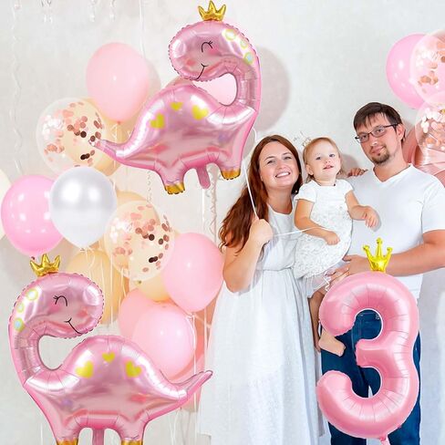 بالونات الديناصورات الوردية، بالون رقم 3 مقاس 40 بوصة، زينة عيد ميلاد الديناصور التاج، زينة عيد الميلاد الثالث للفتيات (وردي 3) in Kuwait