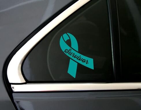 ملصق سيارة Survivor Ovarian Cancer، ملصق نافذة للتوعية بشريط باللون الأزرق المخضر - هدية داعمة، تغلب عليه - فينيل للنافذة، سيارات الدفع الرباعي (5 بوصات، فيروزي) in Kuwait