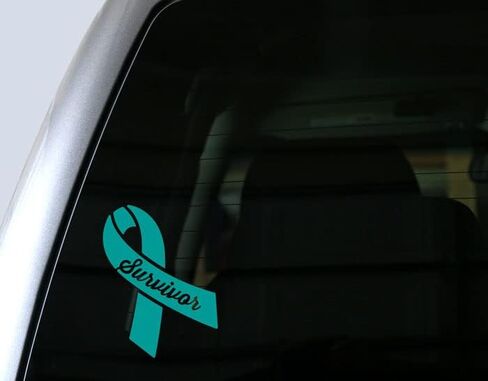 ملصق سيارة Survivor Ovarian Cancer، ملصق نافذة للتوعية بشريط باللون الأزرق المخضر - هدية داعمة، تغلب عليه - فينيل للنافذة، سيارات الدفع الرباعي (5 بوصات، فيروزي) in Kuwait