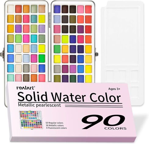 مجموعة طلاء الألوان المائية من REALART 50 لونًا مع معدن في صندوق محمول، طقم طلاء مع أوراق وفرش ألوان مائية، مجموعة ألوان مائية للمبتدئين والمحترفين (50 لونًا) in Kuwait