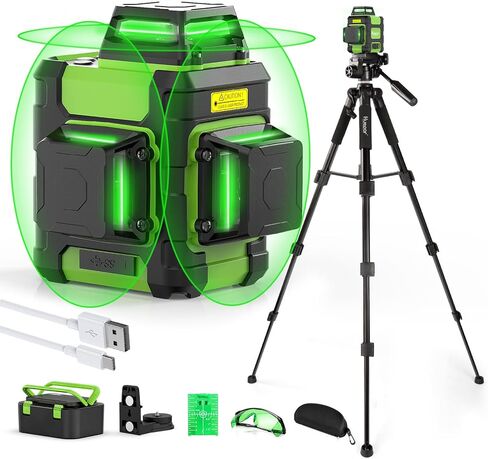 Huepar Laser Level 3 x 360 Self Leveling Laser Level Tool 3D Cross Line Leveling and Alignment Laser Tool, Li-ion Battery with USB-C Charging Port & Hard Carry Case & Tape Measure Included - HM03CGTP in Kuwait