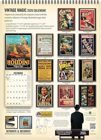 Asgard Press 2026 Vintage Magic Deluxe Wall Calendar, 16 Months, Frame-Ready Classic Magician Poster Prints with Commentary, 11"x30" (Size When Open) in Saudi Arabia