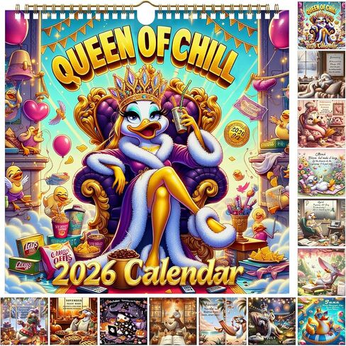 Queen of Chill 2026 Wall Calendar, Cute Duck Monthly Planner for Women, 12-Month Hanging Wall Calendar, 11.4" Square, Big Boxes No‑Bleed Paper, Self‑Care Aesthetic, Home Office Dorm Decor, January–December 2026 in Saudi Arabia