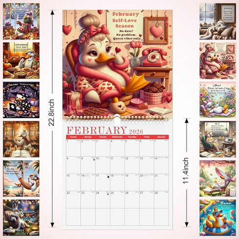 Queen of Chill 2026 Wall Calendar, Cute Duck Monthly Planner for Women, 12-Month Hanging Wall Calendar, 11.4" Square, Big Boxes No‑Bleed Paper, Self‑Care Aesthetic, Home Office Dorm Decor, January–December 2026 in Saudi Arabia