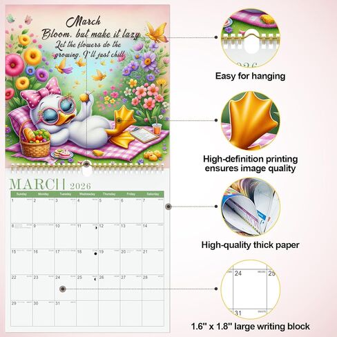 Queen of Chill 2026 Wall Calendar, Cute Duck Monthly Planner for Women, 12-Month Hanging Wall Calendar, 11.4" Square, Big Boxes No‑Bleed Paper, Self‑Care Aesthetic, Home Office Dorm Decor, January–December 2026 in Saudi Arabia