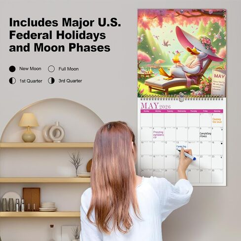 Queen of Chill 2026 Wall Calendar, Cute Duck Monthly Planner for Women, 12-Month Hanging Wall Calendar, 11.4" Square, Big Boxes No‑Bleed Paper, Self‑Care Aesthetic, Home Office Dorm Decor, January–December 2026 in Saudi Arabia