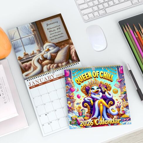 Queen of Chill 2026 Wall Calendar, Cute Duck Monthly Planner for Women, 12-Month Hanging Wall Calendar, 11.4" Square, Big Boxes No‑Bleed Paper, Self‑Care Aesthetic, Home Office Dorm Decor, January–December 2026 in Saudi Arabia