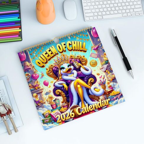 Queen of Chill 2026 Wall Calendar, Cute Duck Monthly Planner for Women, 12-Month Hanging Wall Calendar, 11.4" Square, Big Boxes No‑Bleed Paper, Self‑Care Aesthetic, Home Office Dorm Decor, January–December 2026 in Saudi Arabia