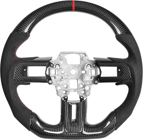 عجلة قيادة من ألياف الكربون لسيارة Mustang EcoBoost/GT/Shelby GT350/GT350R 2018-2023، قبضة جلدية مثقبة مسطحة القاع على شكل D مع زخرفة بديلة in Saudi Arabia