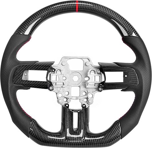 عجلة قيادة من ألياف الكربون لسيارة Mustang EcoBoost/GT/Shelby GT350/GT350R 2018-2023، قبضة جلدية مثقبة مسطحة القاع على شكل D مع زخرفة بديلة in Saudi Arabia