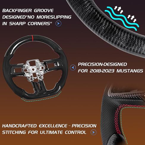 عجلة قيادة من ألياف الكربون لسيارة Mustang EcoBoost/GT/Shelby GT350/GT350R 2018-2023، قبضة جلدية مثقبة مسطحة القاع على شكل D مع زخرفة بديلة in Saudi Arabia