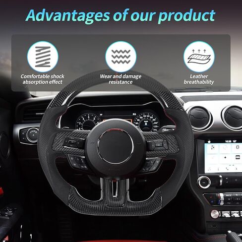 عجلة قيادة من ألياف الكربون لسيارة Mustang EcoBoost/GT/Shelby GT350/GT350R 2018-2023، قبضة جلدية مثقبة مسطحة القاع على شكل D مع زخرفة بديلة in Saudi Arabia