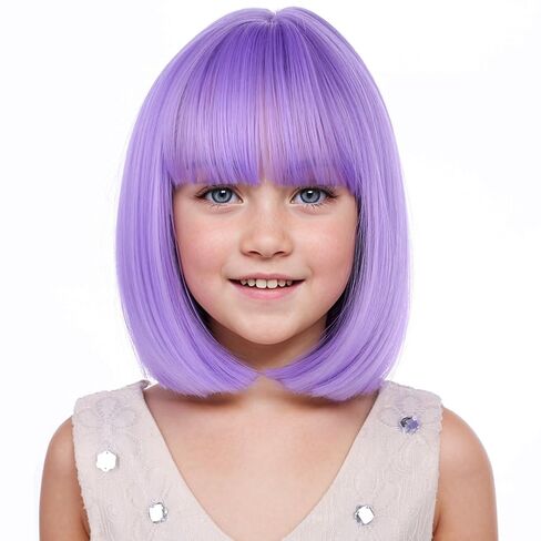 Kids Purple Wig Child Bob Wig Short Light Purple Wigs for Girls Lavender Purple Bob Hair Cosplay Party Synthetic Rose Net Daily Wear Wigs in Saudi Arabia
