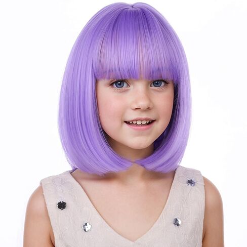 Kids Purple Wig Child Bob Wig Short Light Purple Wigs for Girls Lavender Purple Bob Hair Cosplay Party Synthetic Rose Net Daily Wear Wigs in Saudi Arabia