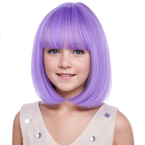 Kids Purple Wig Child Bob Wig Short Light Purple Wigs for Girls Lavender Purple Bob Hair Cosplay Party Synthetic Rose Net Daily Wear Wigs in Saudi Arabia