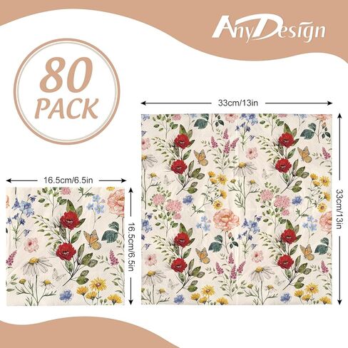 80 عبوة من مناديل ورقية زهرية عتيقة للاستعمال مرة واحدة من مناديل غداء على شكل زهرة برية مقاس 6.5 × 6.5 بوصة، منديل يدوي لحلوى الأزهار الرجعية لحفلات أعياد الميلاد وحفلات الزفاف وحفلات استقبال المولود الجديد (فراشة زهرة) in Kuwait