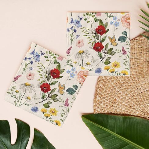 80 عبوة من مناديل ورقية زهرية عتيقة للاستعمال مرة واحدة من مناديل غداء على شكل زهرة برية مقاس 6.5 × 6.5 بوصة، منديل يدوي لحلوى الأزهار الرجعية لحفلات أعياد الميلاد وحفلات الزفاف وحفلات استقبال المولود الجديد (فراشة زهرة) in Kuwait