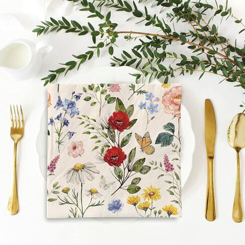 80 عبوة من مناديل ورقية زهرية عتيقة للاستعمال مرة واحدة من مناديل غداء على شكل زهرة برية مقاس 6.5 × 6.5 بوصة، منديل يدوي لحلوى الأزهار الرجعية لحفلات أعياد الميلاد وحفلات الزفاف وحفلات استقبال المولود الجديد (فراشة زهرة) in Kuwait