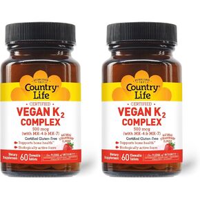 Country Life® Vegan K2-500 mcg, 60 Ct. Chewable Tablets. Strawberry Flavor - Certified Gluten Free - Certified Vegan by AVA – to Support Bone Health in Kuwait