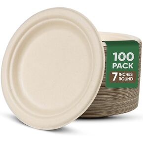 أطباق ورقية بيضاء، أطباق ورقية مقاس 17.78 سم، 100 طبق ورقي للاستعمال مرة واحدة - أطباق قابلة للتحلل بنسبة 100%، أطباق ورقية صغيرة مقاومة للماء والزيت، أطباق حلوى قابلة للميكروويف in Kuwait
