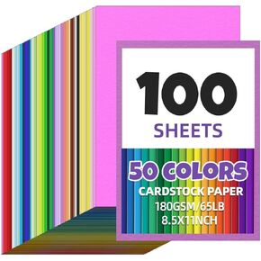 100 ورقة 8.5 × 11 بطاقة ملونة، بطاقات ملونة متنوعة 50 لونًا 180 جم/65 رطل ورق بناء متعدد الألوان للحرف اليدوية واللوازم المدرسية وديكورات الحفلات (مزيج الألوان 100 قطعة) in Kuwait