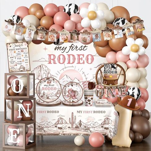 240PCS My First Rodeo Decorations Girl, Western Cowgirl First Birthday Supplies, All-in-1 Supplies Pack Includes 20 plates, Backdrop Tablecloth Balloon Kit for Girl First Birthday Party in Saudi Arabia