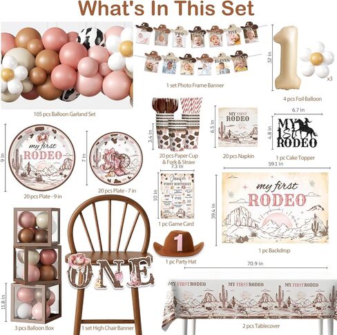 240PCS My First Rodeo Decorations Girl, Western Cowgirl First Birthday Supplies, All-in-1 Supplies Pack Includes 20 plates, Backdrop Tablecloth Balloon Kit for Girl First Birthday Party in Saudi Arabia