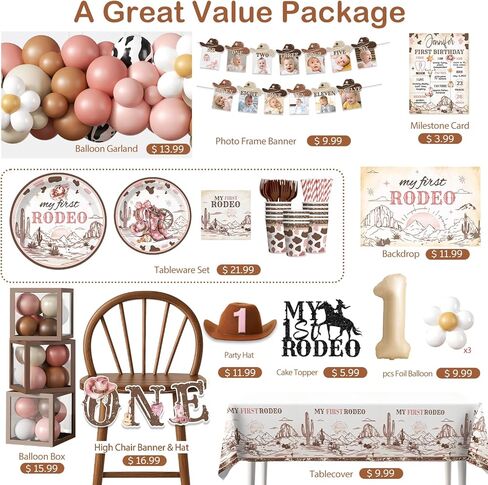 240PCS My First Rodeo Decorations Girl, Western Cowgirl First Birthday Supplies, All-in-1 Supplies Pack Includes 20 plates, Backdrop Tablecloth Balloon Kit for Girl First Birthday Party in Saudi Arabia