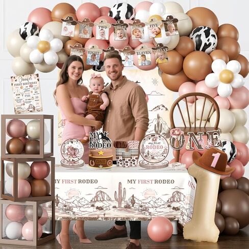 240PCS My First Rodeo Decorations Girl, Western Cowgirl First Birthday Supplies, All-in-1 Supplies Pack Includes 20 plates, Backdrop Tablecloth Balloon Kit for Girl First Birthday Party in Saudi Arabia