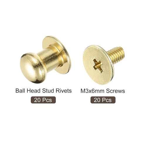 6mm Ball Head Stud Rivets Screw Back, 20Pack Round Head Button Nipple Rivet for DIY Leather Craft Handbag Belt, Light Golden in Saudi Arabia