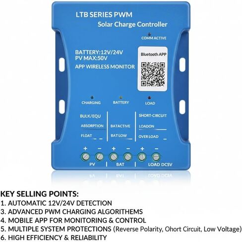 20A بلوتوث شاحن للطاقة الشمسية تحكم 12V / 24V منظم ذكي لوحة للطاقة الشمسية شحن البطارية إحصائيات PWM مع منفذ USB 12V24V بطارية الرصاص الحمضية / الليثيوم in Kuwait