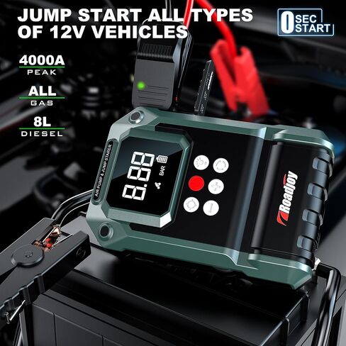 High-Power 4000A Car Jump Starter with 150PSI Air Compressor, 12V Car Battery Booster, Portable Tire Inflator 8L Gas & 8L Diesel LED Light, Jumper Cables in Saudi Arabia