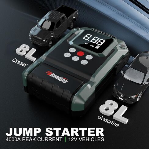 High-Power 4000A Car Jump Starter with 150PSI Air Compressor, 12V Car Battery Booster, Portable Tire Inflator 8L Gas & 8L Diesel LED Light, Jumper Cables in Saudi Arabia