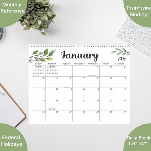 Wall Calendar 2026-2027, 18 Months Calendar for Wall, Twin-Wire Binding Monthly Calendar for Office School, Greenery Desktop Calendar, 11" X 14" in Saudi Arabia