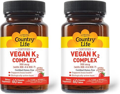Country Life® Vegan K2-500 mcg, 60 Ct. Chewable Tablets. Strawberry Flavor - Certified Gluten Free - Certified Vegan by AVA – to Support Bone Health in Kuwait