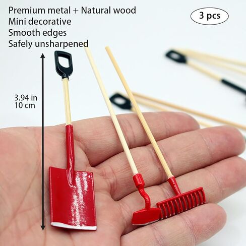 3-Piece Set Miniature Garden Tools, 1:12 Mini Shovels and Rake Farm Tools, Fairy Garden Dollhouse Accessories Furniture Toy Sets (Red, 3.2 Inches) in Kuwait