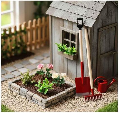 3-Piece Set Miniature Garden Tools, 1:12 Mini Shovels and Rake Farm Tools, Fairy Garden Dollhouse Accessories Furniture Toy Sets (Red, 3.2 Inches) in Kuwait