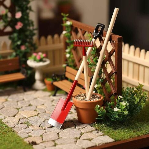 3-Piece Set Miniature Garden Tools, 1:12 Mini Shovels and Rake Farm Tools, Fairy Garden Dollhouse Accessories Furniture Toy Sets (Red, 3.2 Inches) in Kuwait
