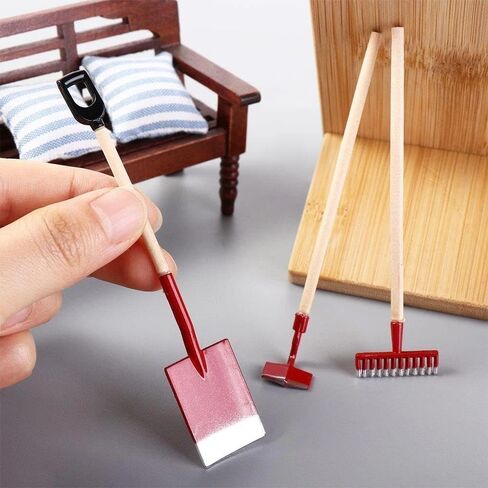 3-Piece Set Miniature Garden Tools, 1:12 Mini Shovels and Rake Farm Tools, Fairy Garden Dollhouse Accessories Furniture Toy Sets (Red, 3.2 Inches) in Kuwait
