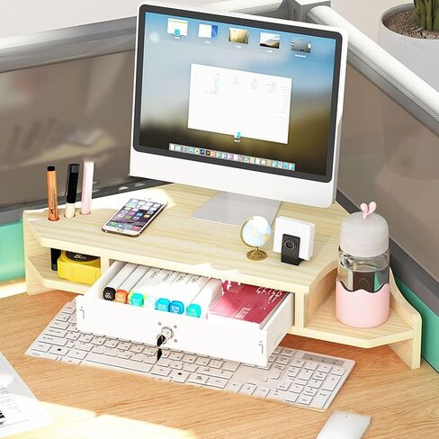 Natural Wood Computer Monitor Stand with Storage - 2-Tier Triangle Riser for Desk PC/TV/Tablet Space-Saving Corner for Home Office in Kuwait
