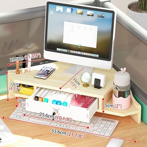 Natural Wood Computer Monitor Stand with Storage - 2-Tier Triangle Riser for Desk PC/TV/Tablet Space-Saving Corner for Home Office in Kuwait