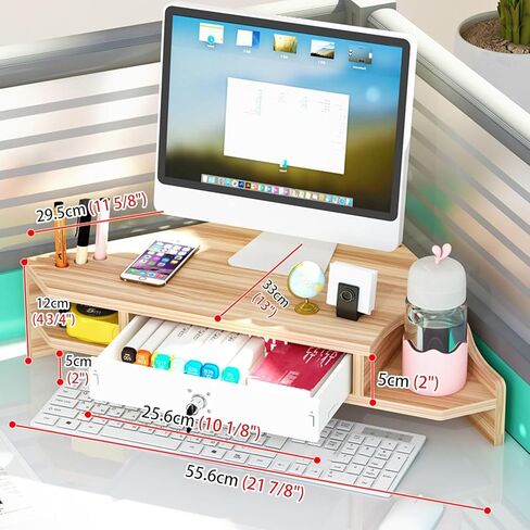 Natural Wood Computer Monitor Stand with Storage - 2-Tier Triangle Riser for Desk PC/TV/Tablet Space-Saving Corner for Home Office in Saudi Arabia