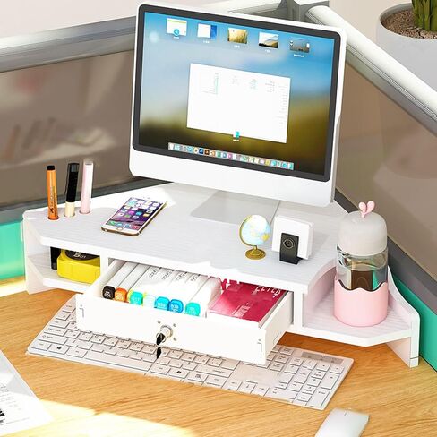 Natural Wood Computer Monitor Stand with Storage - 2-Tier Triangle Riser for Desk PC/TV/Tablet Space-Saving Corner for Home Office in Kuwait