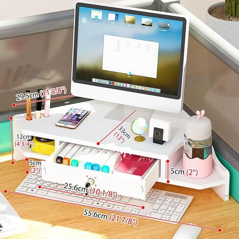Natural Wood Computer Monitor Stand with Storage - 2-Tier Triangle Riser for Desk PC/TV/Tablet Space-Saving Corner for Home Office in Kuwait