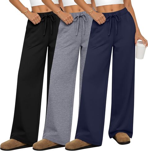 3 Pack Women's Lounge Pants with Pockets Casual Wide Leg Drawstring Yoga Pants Straight Trousers Fall Bottoms in Kuwait