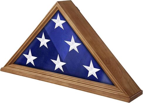 Flag Case for 5’ x 9.5’ Burial Flag, Wooden Veteran Funeral Flag Box Display Case with HD Plexiglass Glass and Wall Mounted, Folded Triangle Flag Frames for American Memorial Flag, Light Walnut in Kuwait