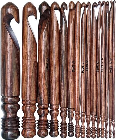 Wooden Crochet Hooks for Arthritic Hands - Ergonomic Soft Grip Handles with Engraved Sizes(3.5mm-25mm) - Rosewood Crochet Hook Set of 15 - for Chunky Yarns Crocheting - Gift for Her(Hooks Only) in Saudi Arabia